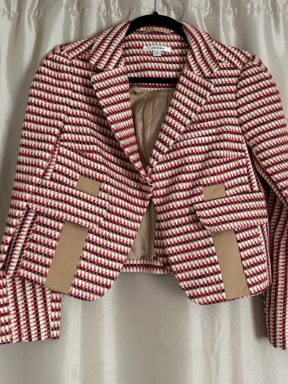 Carven Red & Cream Tweed Cropped Blazer with lamb skin leather accents LIKE NEW!